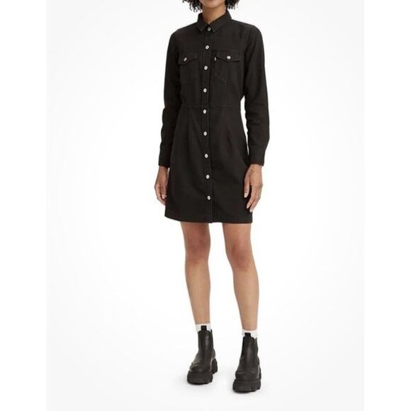 Levis Women’s Ellie Denim Dress Sz XS New Black Long Sleeve Snap Up Jean dress - Picture 12 of 12